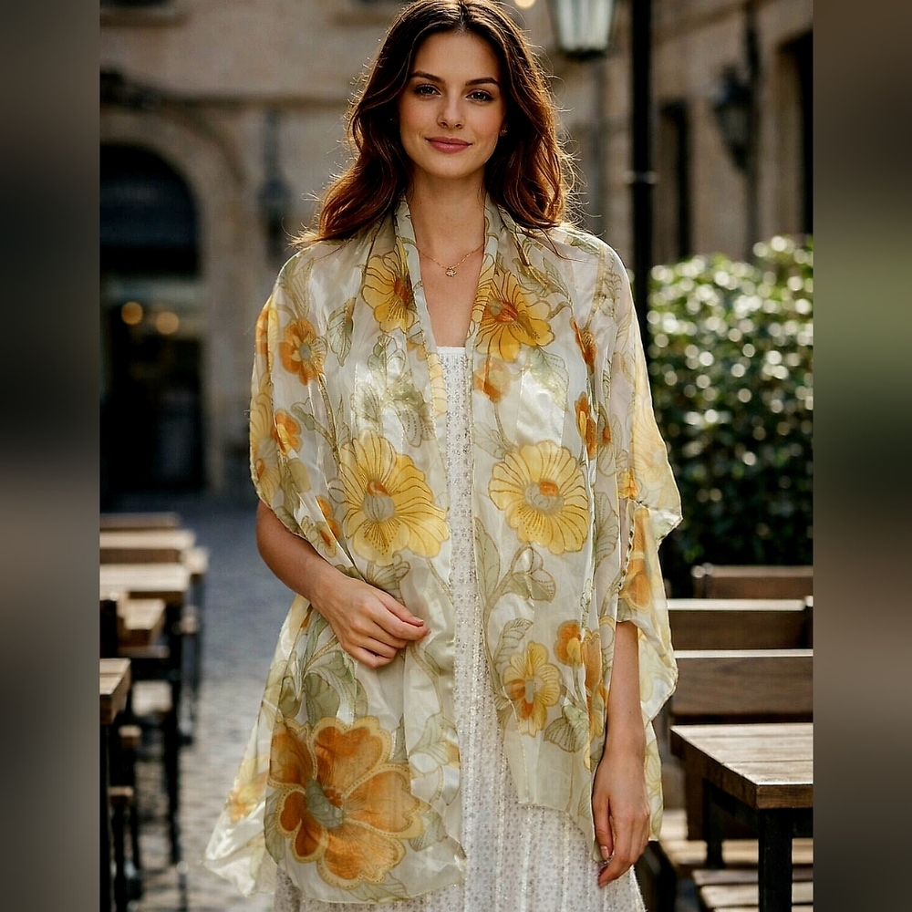 Italca Made in Italy Floral Sheer Scarf / Wrap. Yellow/Orange
